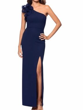 Xscape Marianna One Shoulder Flower Navy Scuba Crepe Gown size 12 NWT